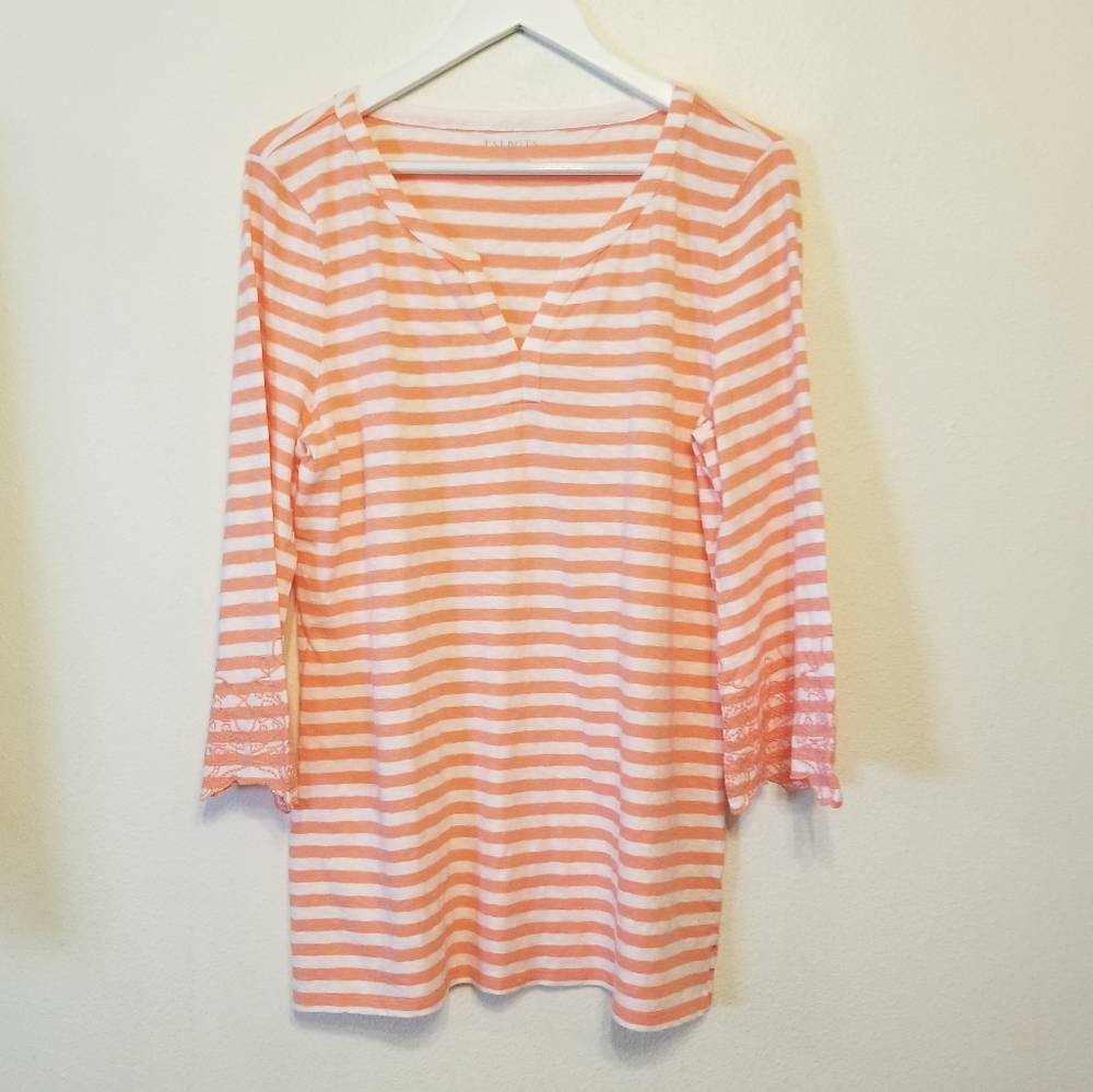 Talbots Striped Split-Neck, Embroidered Sleeve Top - image 1